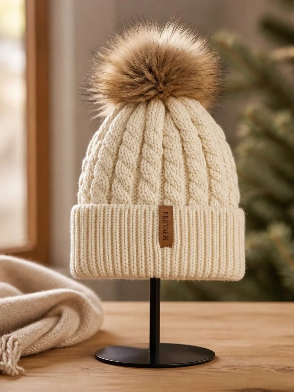 Cream Cable Knit Pom Beanie with Faux Fur Pom